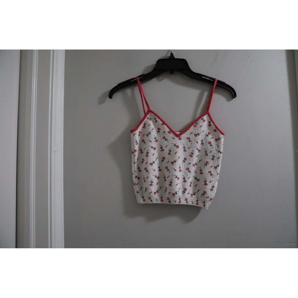 ZARA White Floral Print Cropped Knit Cami Top‎ Red Trim Spaghetti Strap